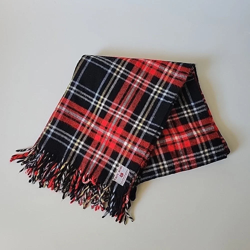 Troy Robe Vintage Wool Stadium Throw Blanket 60x52 Red Tartan Plaid Fringed Warm